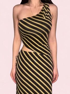 Tiger Mist One-Shoulder Black and Yellow Diagonal Stripe Dress